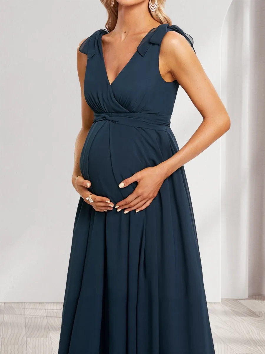 A-Line/Princess V-Neck Sleeveless Floor-Length Maternity Bridesmaid Dresses with Ruffle & Bow sold by Lavetir product image thumbnail 3