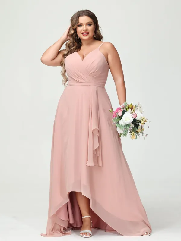 A-Line/Princess Spaghetti Straps Chiffon Ruffles Asymmetrical Plus Size Bridesmaid Dresses with Pockets sold by Lavetir