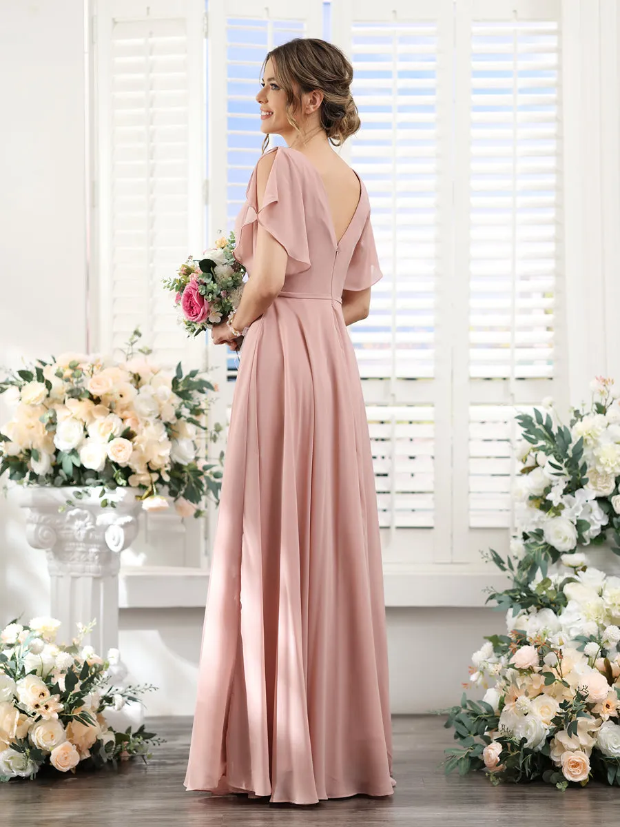 A-Line V-Neck Short Sleeves Split Side Floor-Length Chiffon Bridesmaid Dresses sold by Lavetir product image thumbnail 2
