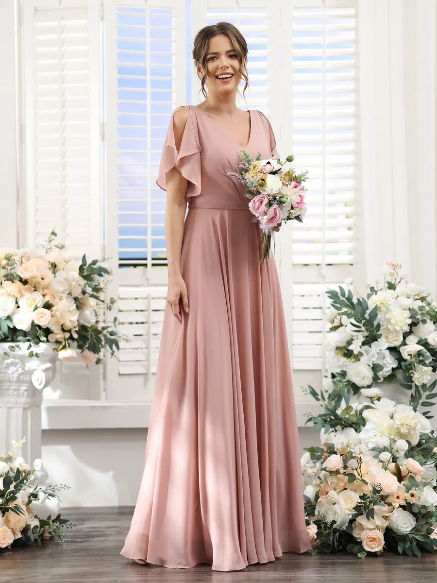 A-Line V-Neck Short Sleeves Split Side Floor-Length Chiffon Bridesmaid Dresses sold by Lavetir product image thumbnail 5