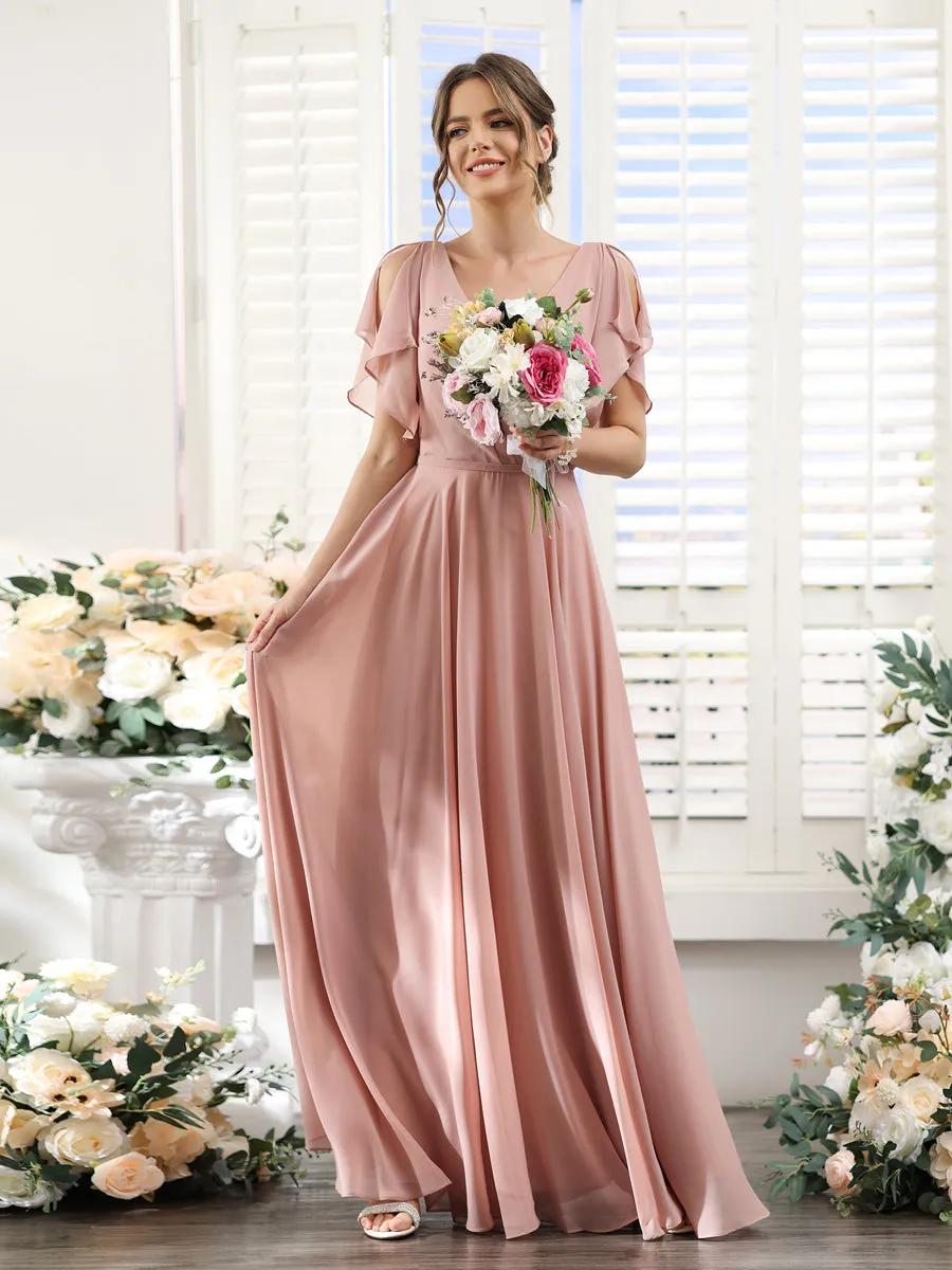 A-Line V-Neck Short Sleeves Split Side Floor-Length Chiffon Bridesmaid Dresses sold by Lavetir product image thumbnail 3