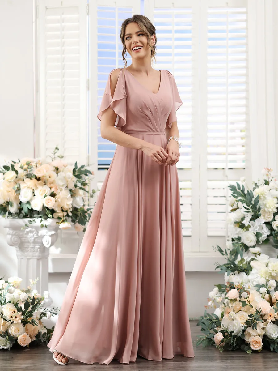 A-Line V-Neck Short Sleeves Split Side Floor-Length Chiffon Bridesmaid Dresses sold by Lavetir product image thumbnail 4