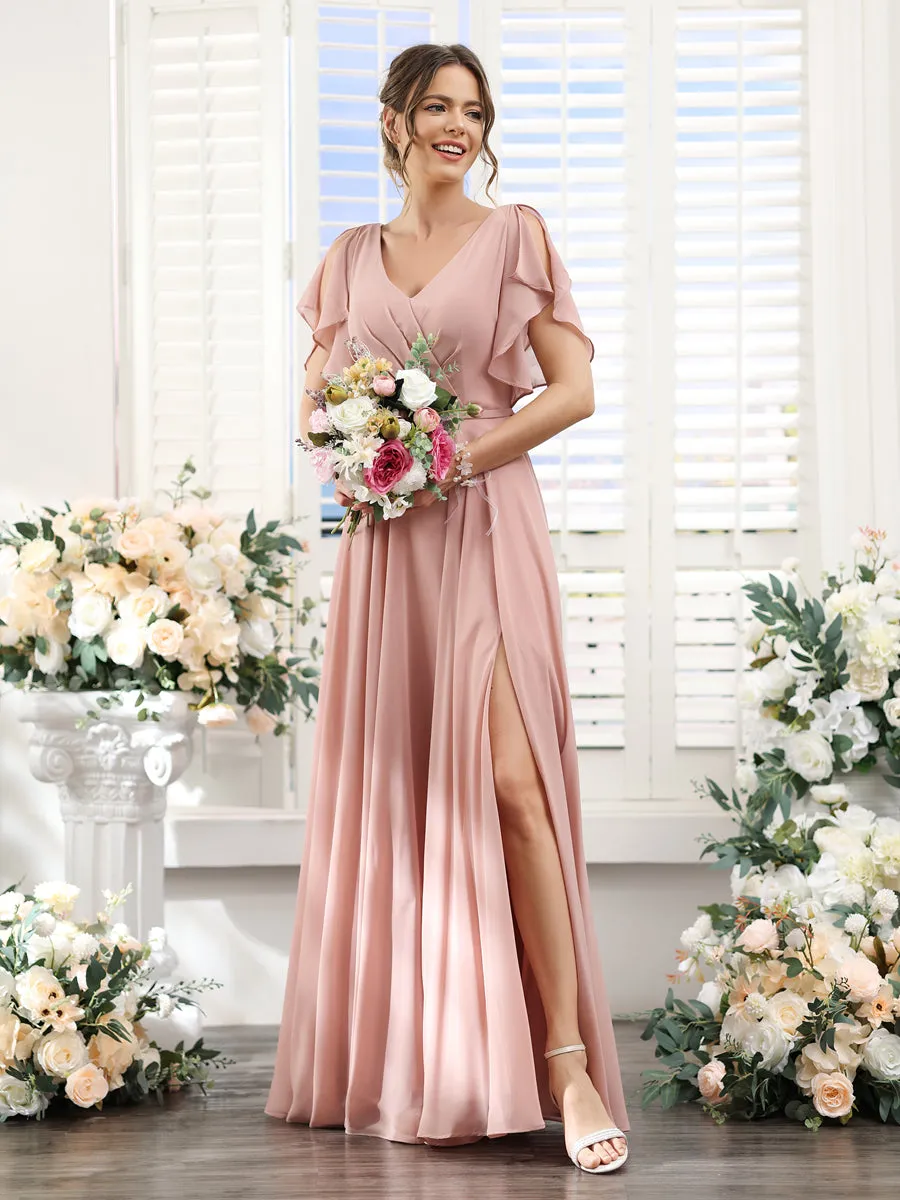 A-Line V-Neck Short Sleeves Split Side Floor-Length Chiffon Bridesmaid Dresses sold by Lavetir