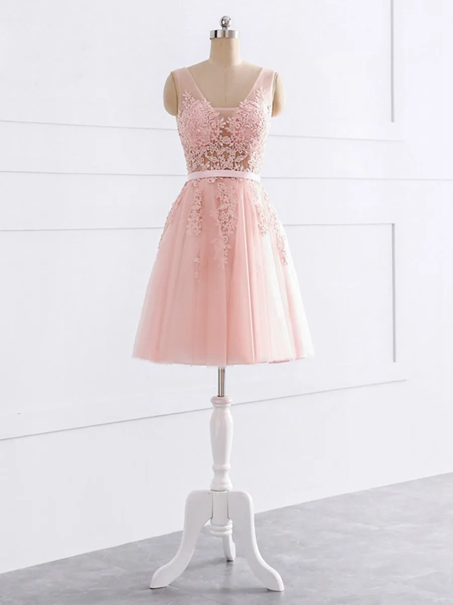 A-Line/Princess V-Neck Sleeveless Tulle With Applique Sequin Short/Mini Bridesmaid Dresses sold by Lavetir