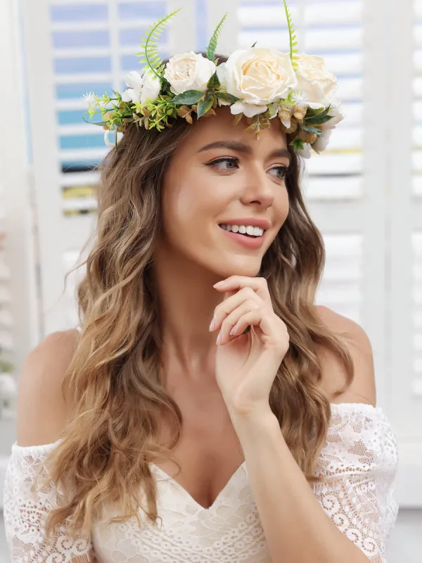 Artificial Champagne Wedding Flower Crowns with Champagne Ribbon sold by Lavetir