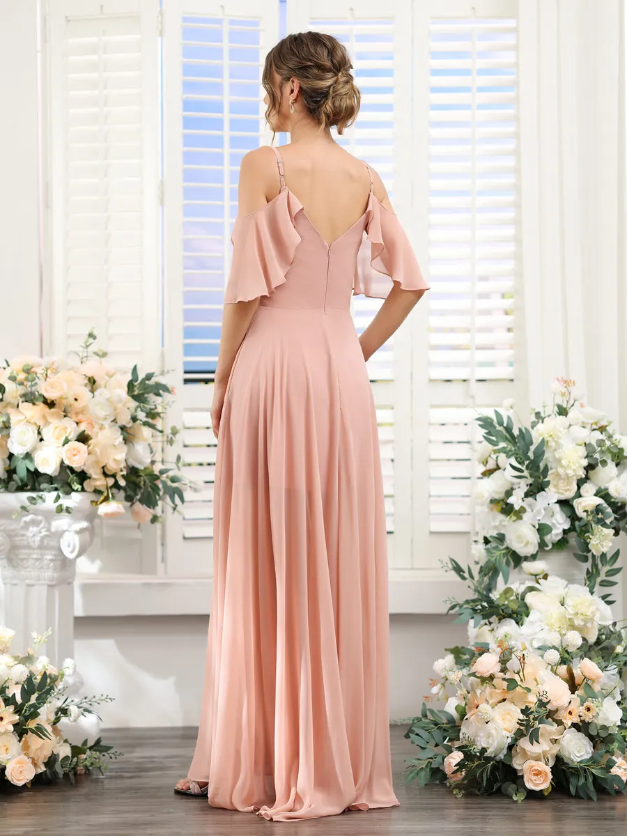 A-Line V-Neck Spaghetti Straps Short Sleeves Asymmetrical Chiffon Bridesmaid Dresses sold by Lavetir product image thumbnail 2