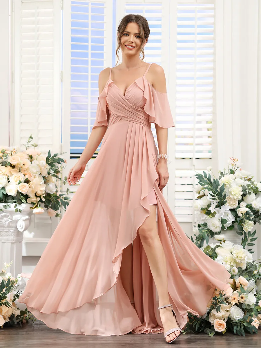 A-Line V-Neck Spaghetti Straps Short Sleeves Asymmetrical Chiffon Bridesmaid Dresses sold by Lavetir