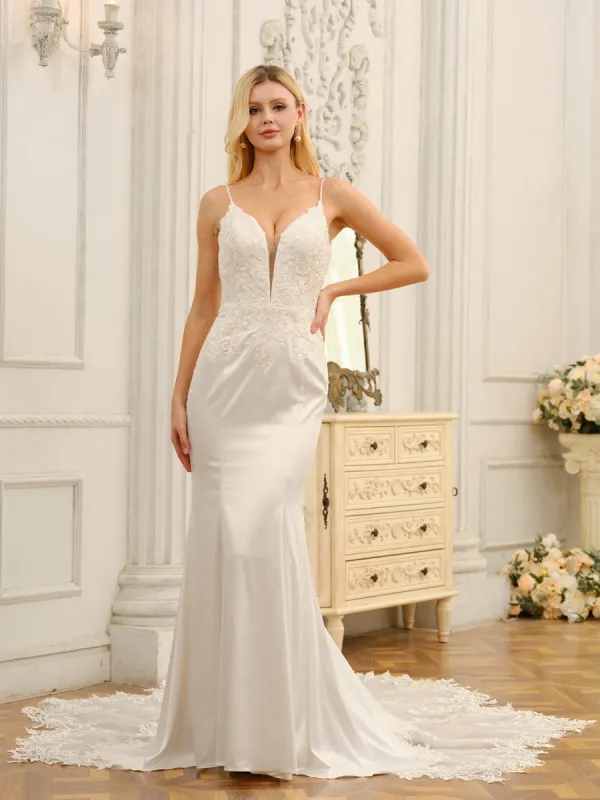 Trumpet/Mermaid Spaghetti Straps Sleeveless Long Wedding Dresses with Appliques sold by Lavetir