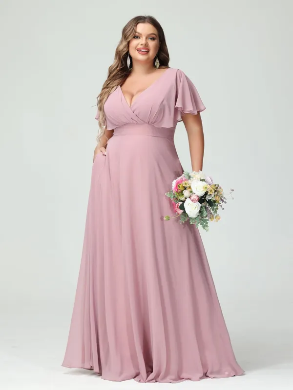 A-Line/Princess V-Neck Short Sleeves Chiffon Plus Size Bridesmaid Dresses with Pockets sold by Lavetir