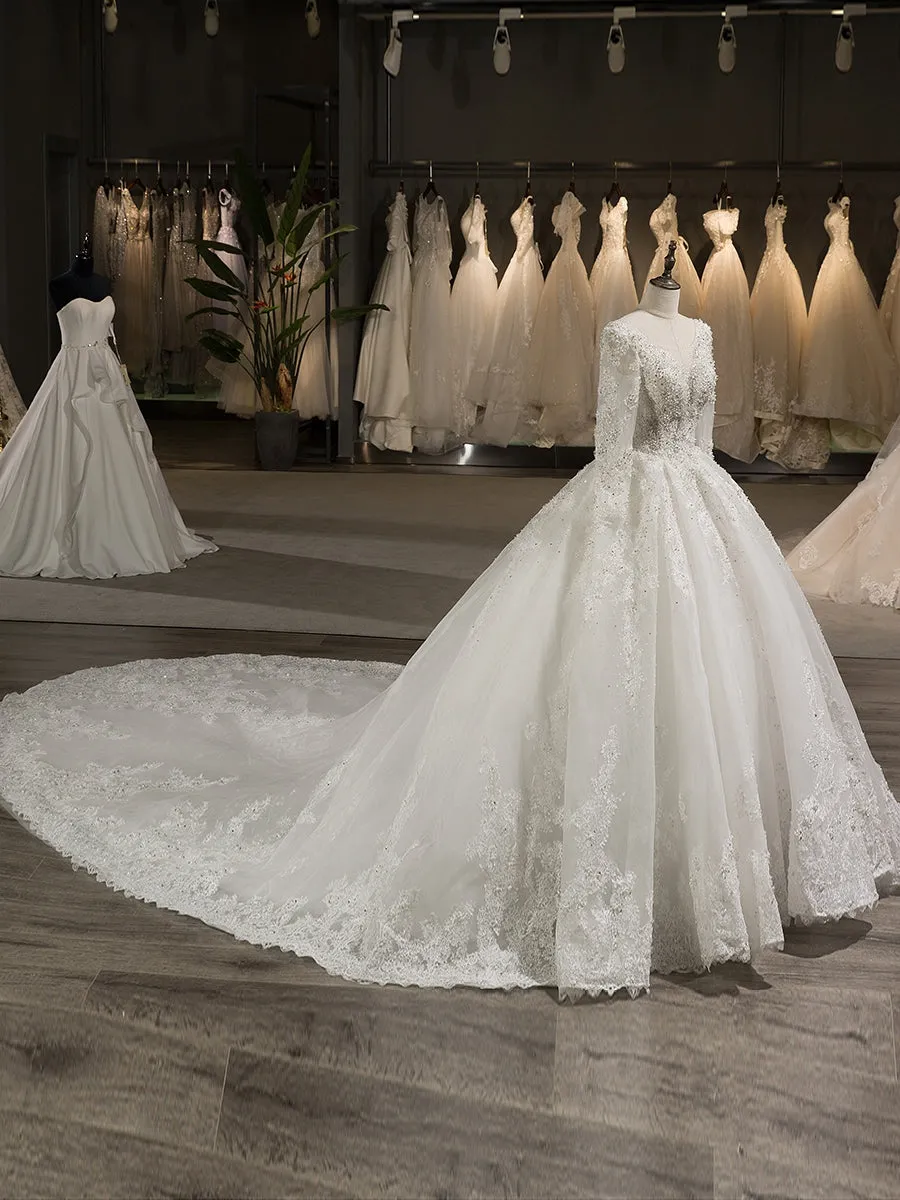 Scoop Long Sleeves Tulle Applique With Beading Chapel Train Ball Gown Wedding Dresses sold by Lavetir product image thumbnail 3