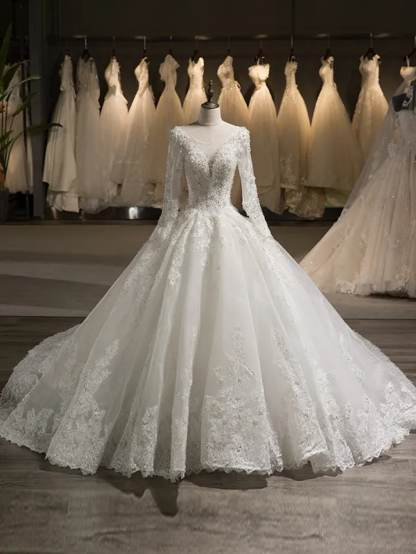 Scoop Long Sleeves Tulle Applique With Beading Chapel Train Ball Gown Wedding Dresses sold by Lavetir