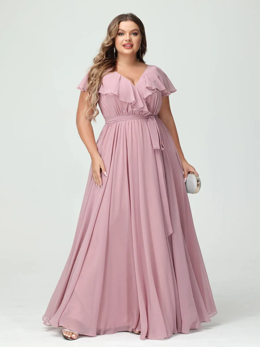A-Line/Princess V-Neck Short Sleeves Chiffon Ruffles Plus Size Bridesmaid Dresses With Pockets sold by Lavetir product image thumbnail 4