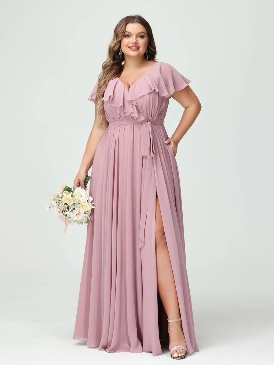 A-Line/Princess V-Neck Short Sleeves Chiffon Ruffles Plus Size Bridesmaid Dresses With Pockets sold by Lavetir