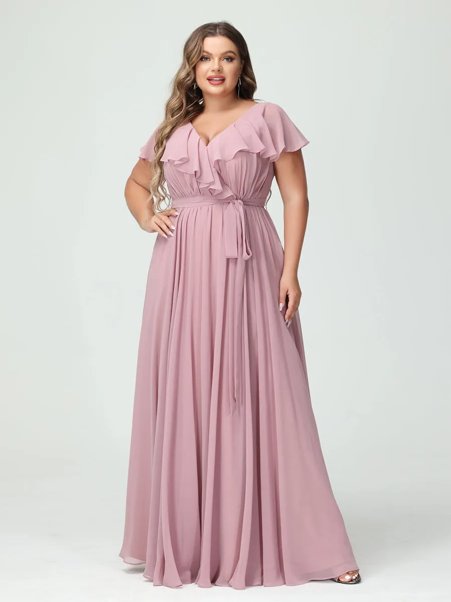 A-Line/Princess V-Neck Short Sleeves Chiffon Ruffles Plus Size Bridesmaid Dresses With Pockets sold by Lavetir product image thumbnail 5