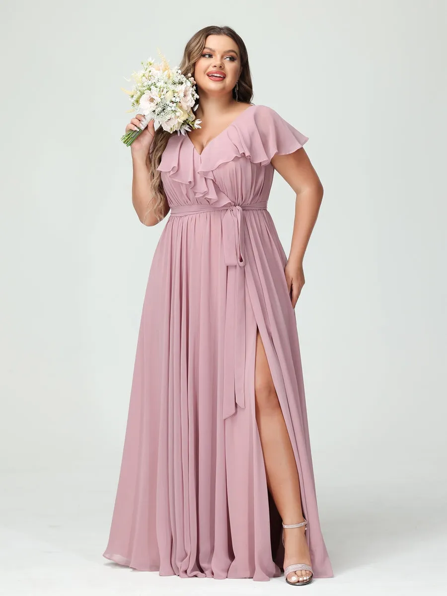 A-Line/Princess V-Neck Short Sleeves Chiffon Ruffles Plus Size Bridesmaid Dresses With Pockets sold by Lavetir product image thumbnail 3