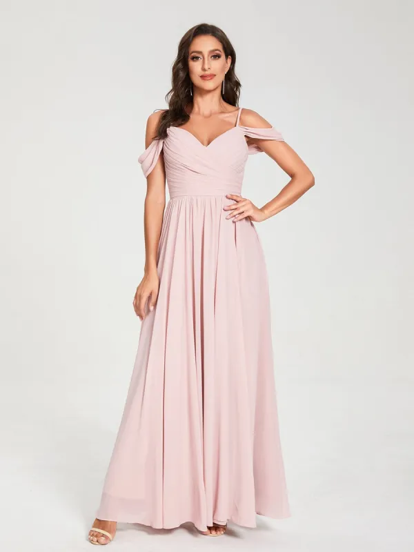 A-Line/Princess Chiffon Spaghetti Straps Off-the-Shoulder Sleeveless Floor-Length Split Side Bridesmaid Dresses sold by Lavetir