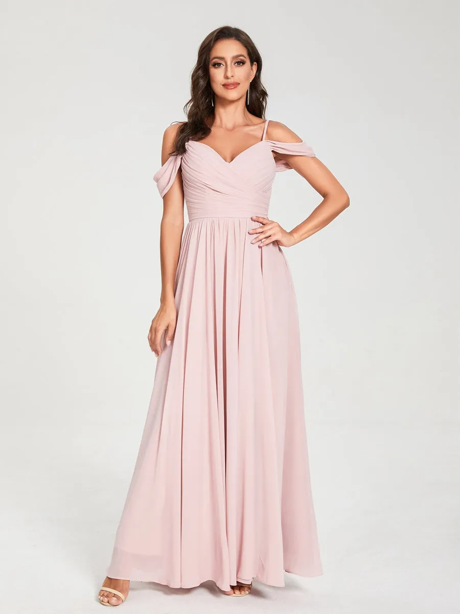 A-Line/Princess Chiffon Spaghetti Straps Off-the-Shoulder Sleeveless Floor-Length Split Side Bridesmaid Dresses sold by Lavetir