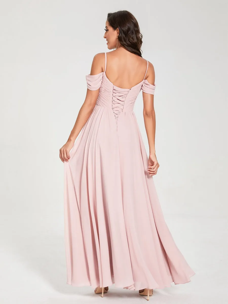 A-Line/Princess Chiffon Spaghetti Straps Off-the-Shoulder Sleeveless Floor-Length Split Side Bridesmaid Dresses sold by Lavetir product image thumbnail 2