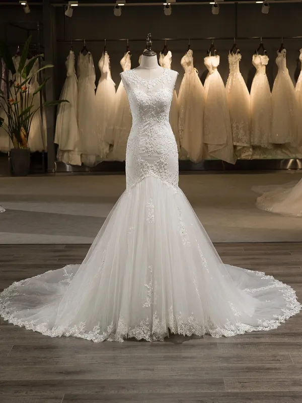 Trumpet/Mermaid Scoop Sleeveless Tulle Applique With Beading Backless Court Train Wedding Dresses sold by Lavetir
