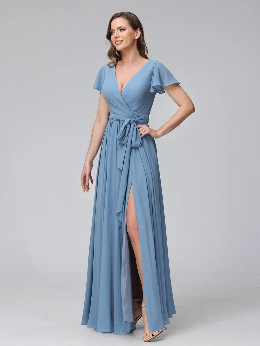 A-Line V-Neck Short Sleeves Long Chiffon Bridesmaid Dresses With Split Side sold by Lavetir product image thumbnail 4