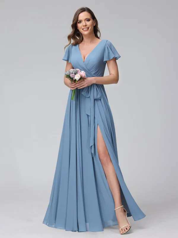 A-Line V-Neck Short Sleeves Long Chiffon Bridesmaid Dresses With Split Side sold by Lavetir