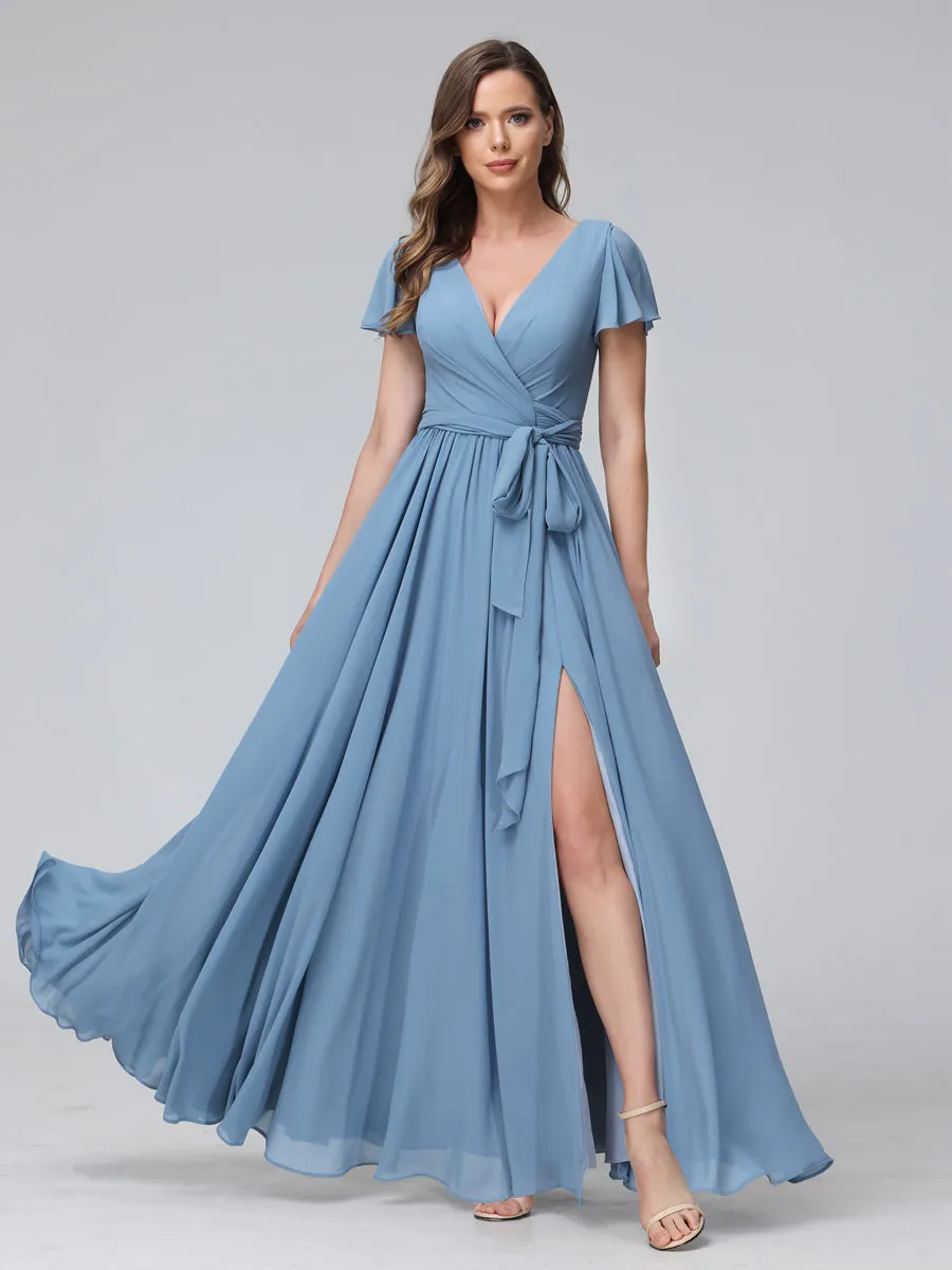 A-Line V-Neck Short Sleeves Long Chiffon Bridesmaid Dresses With Split Side sold by Lavetir product image thumbnail 5