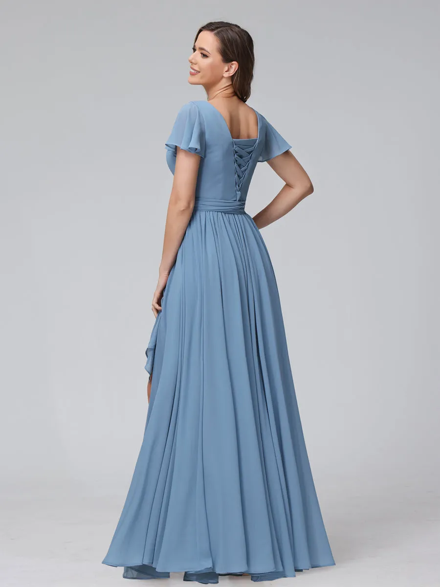 A-Line V-Neck Short Sleeves Long Chiffon Bridesmaid Dresses With Split Side sold by Lavetir product image thumbnail 2
