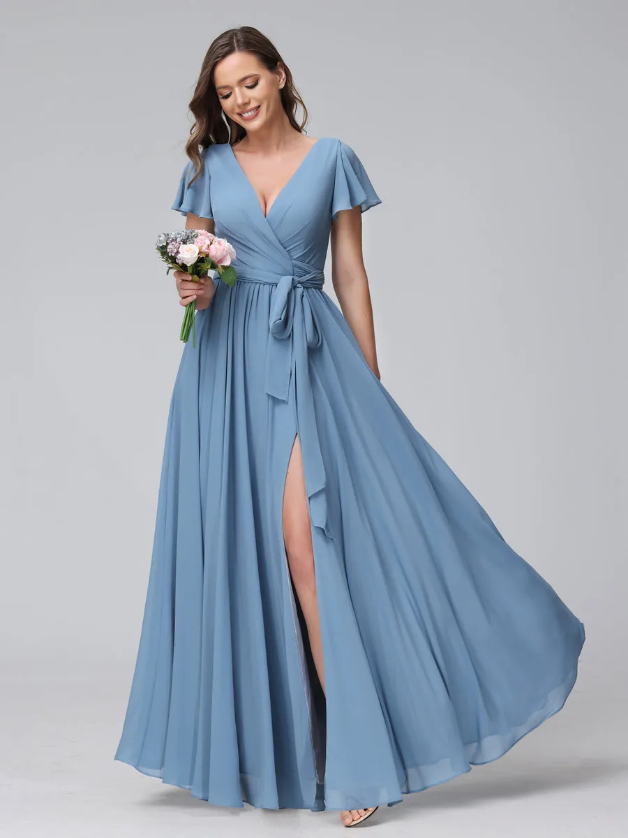 A-Line V-Neck Short Sleeves Long Chiffon Bridesmaid Dresses With Split Side sold by Lavetir product image thumbnail 3