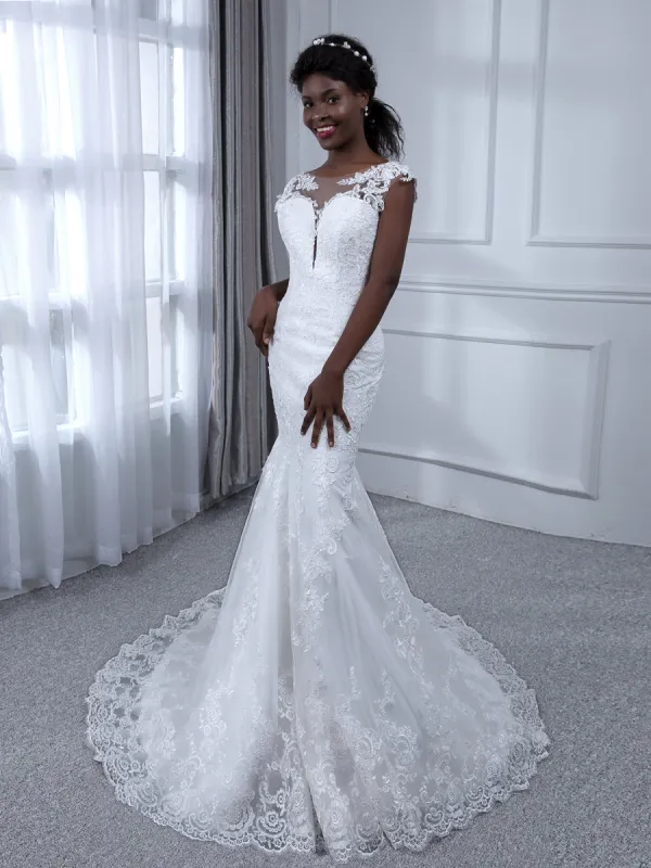 Sheer Neck Sleeveless Tulle Mermaid Wedding Dresses with Appliques sold by Lavetir