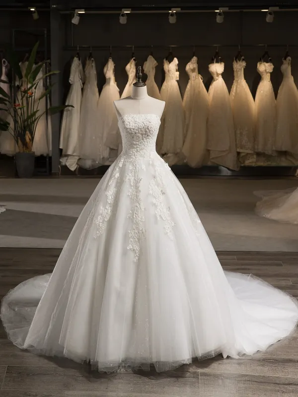 Strapless Sleeveless Tulle Embroidery With Beading Court Train Ball Gown Wedding Dresses sold by Lavetir
