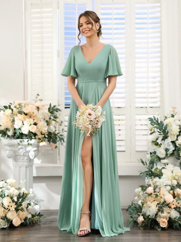 A-Line V-Neck Short Sleeves Split Side Ruffles Chiffon Bridesmaid Dresses sold by Lavetir