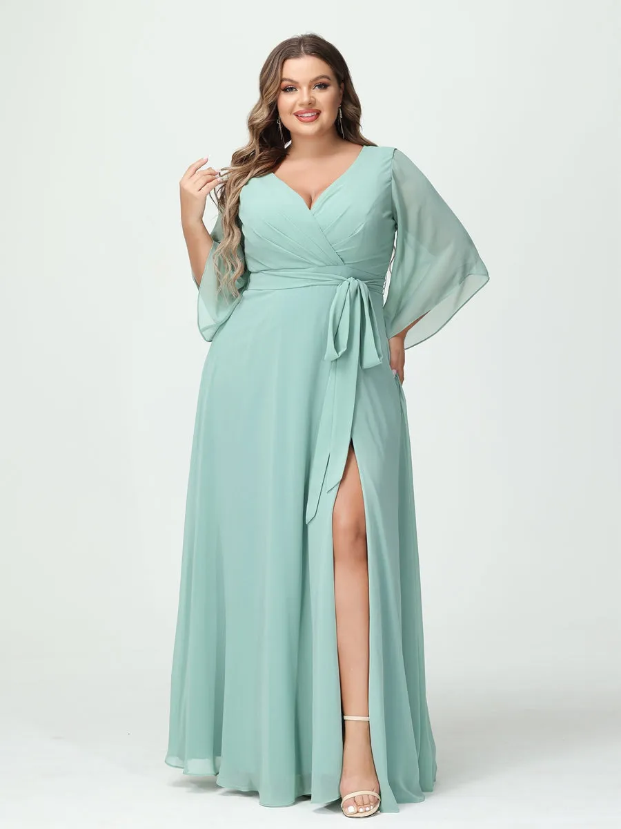 A-Line/Princess V-Neck Long Sleeves Chiffon Split Side Plus Size Bridesmaid Dresses With Pockets Belt sold by Lavetir product image thumbnail 4
