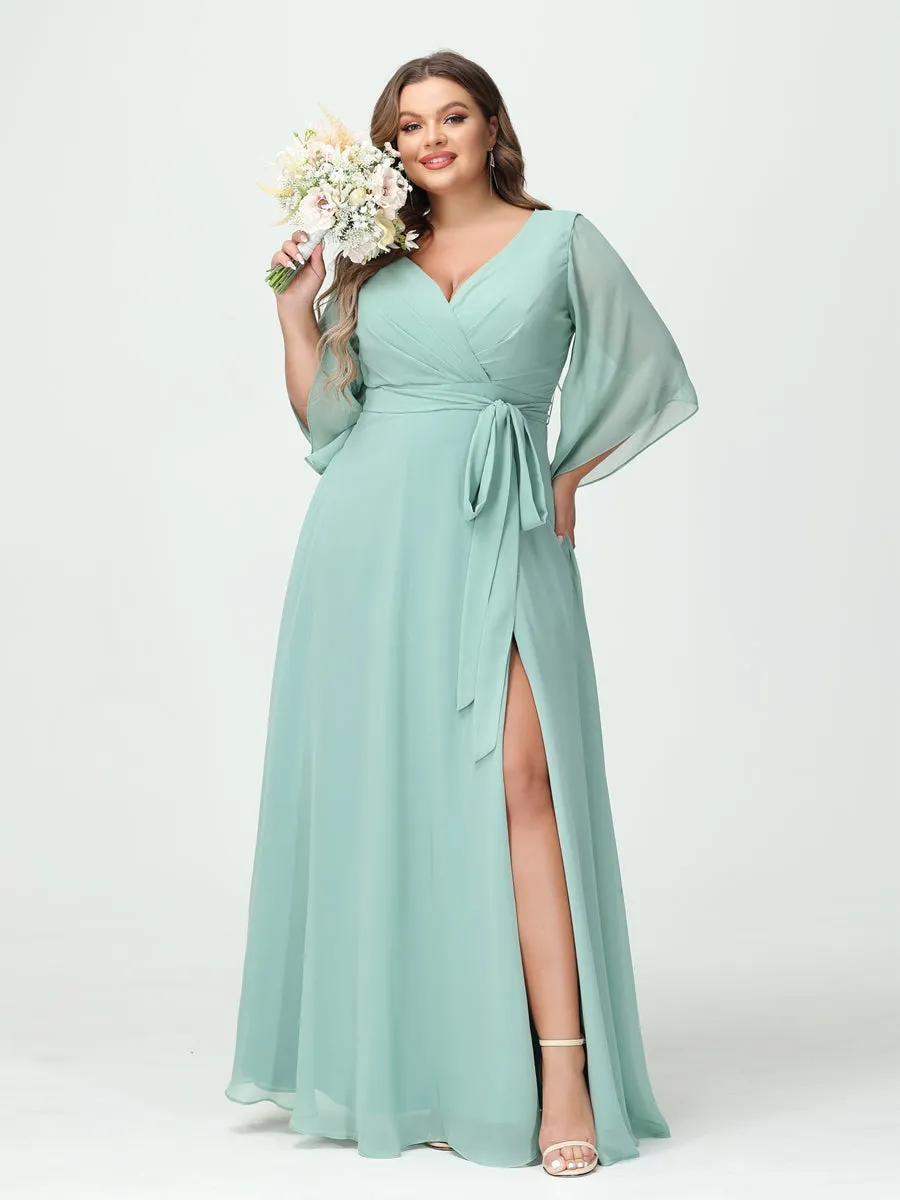 A-Line/Princess V-Neck Long Sleeves Chiffon Split Side Plus Size Bridesmaid Dresses With Pockets Belt sold by Lavetir