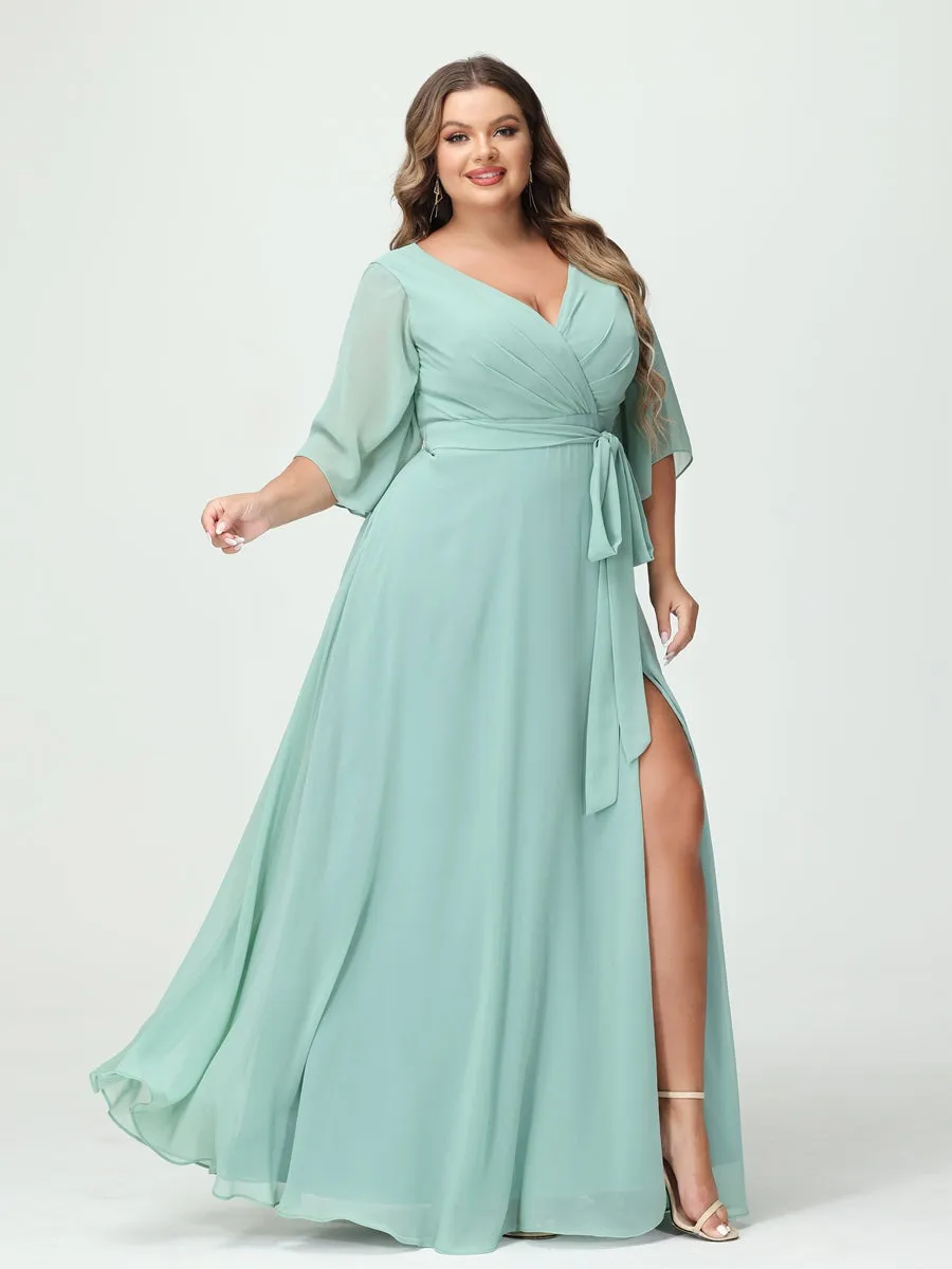 A-Line/Princess V-Neck Long Sleeves Chiffon Split Side Plus Size Bridesmaid Dresses With Pockets Belt sold by Lavetir product image thumbnail 5
