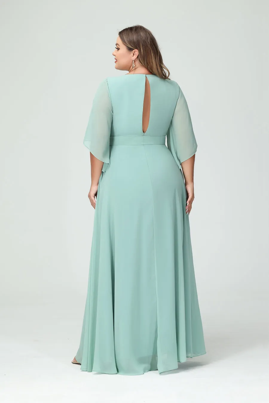 A-Line/Princess V-Neck Long Sleeves Chiffon Split Side Plus Size Bridesmaid Dresses With Pockets Belt sold by Lavetir product image thumbnail 2