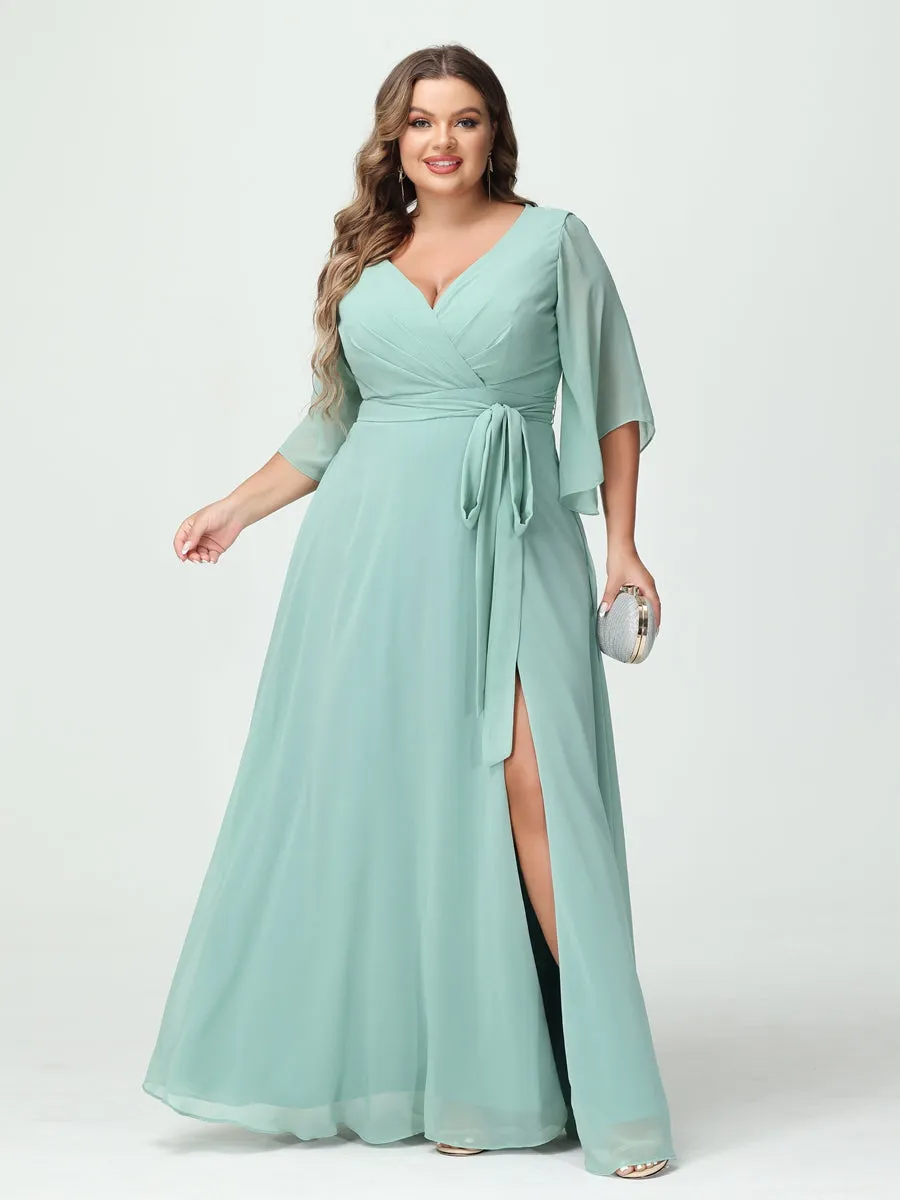 A-Line/Princess V-Neck Long Sleeves Chiffon Split Side Plus Size Bridesmaid Dresses With Pockets Belt sold by Lavetir product image thumbnail 3