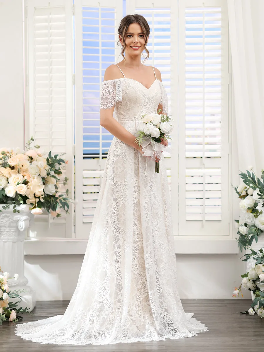 A-Line Spaghetti Straps Short Sleeves Long Lace Wedding Dresses sold by Lavetir product image thumbnail 5