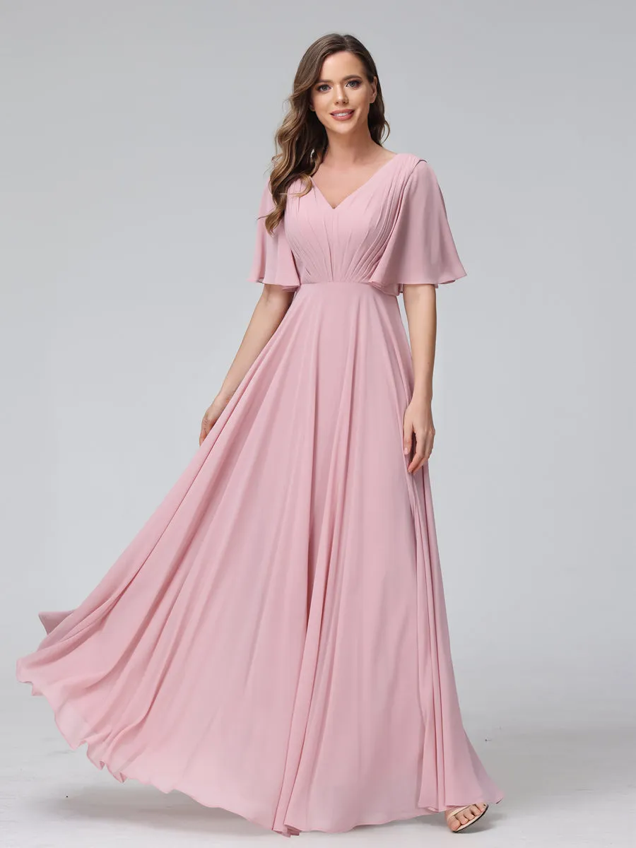 A-Line V-Neck Half Sleeves Long Chiffon Bridesmaid Dresses With Ruffles Pockets sold by Lavetir product image thumbnail 5
