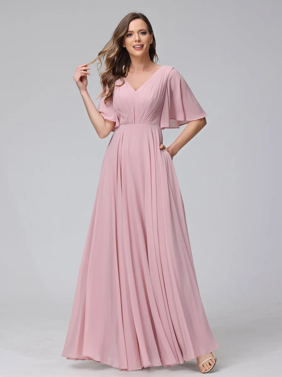 A-Line V-Neck Half Sleeves Long Chiffon Bridesmaid Dresses With Ruffles Pockets sold by Lavetir product image thumbnail 3