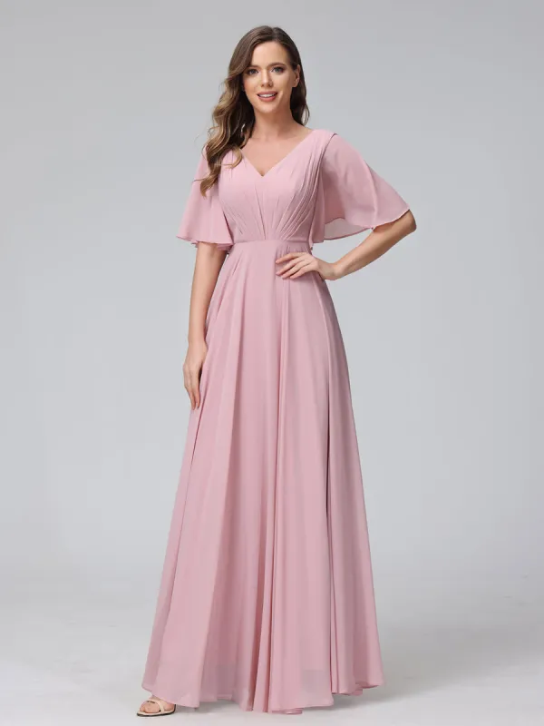A-Line V-Neck Half Sleeves Long Chiffon Bridesmaid Dresses With Ruffles Pockets sold by Lavetir