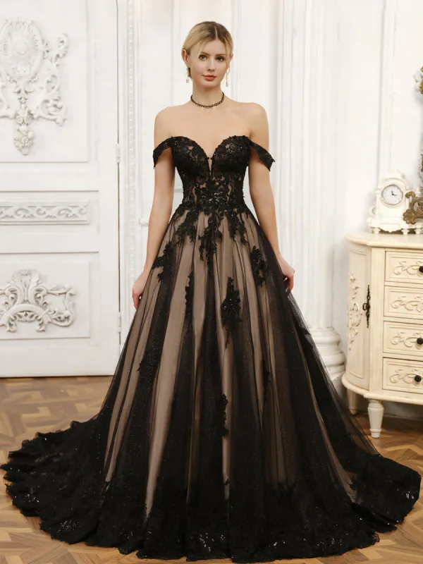 Off-the-Shoulder Tulle Ball Gown Wedding Dresses with Beading & Appliques sold by Lavetir