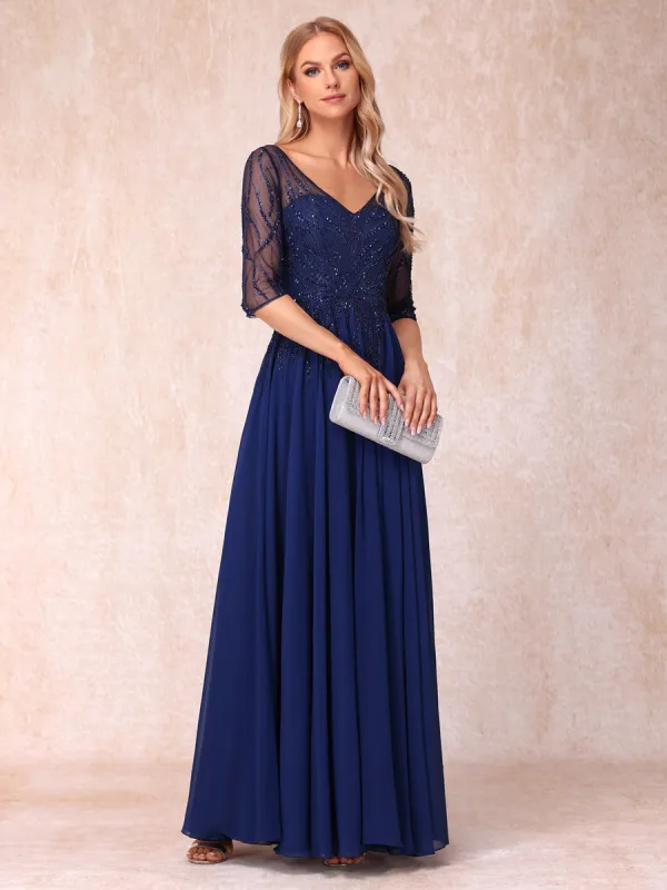 A-Line/Princess V-Neck Half Sleeves Long Formal Evening Dresses with Beading sold by Lavetir