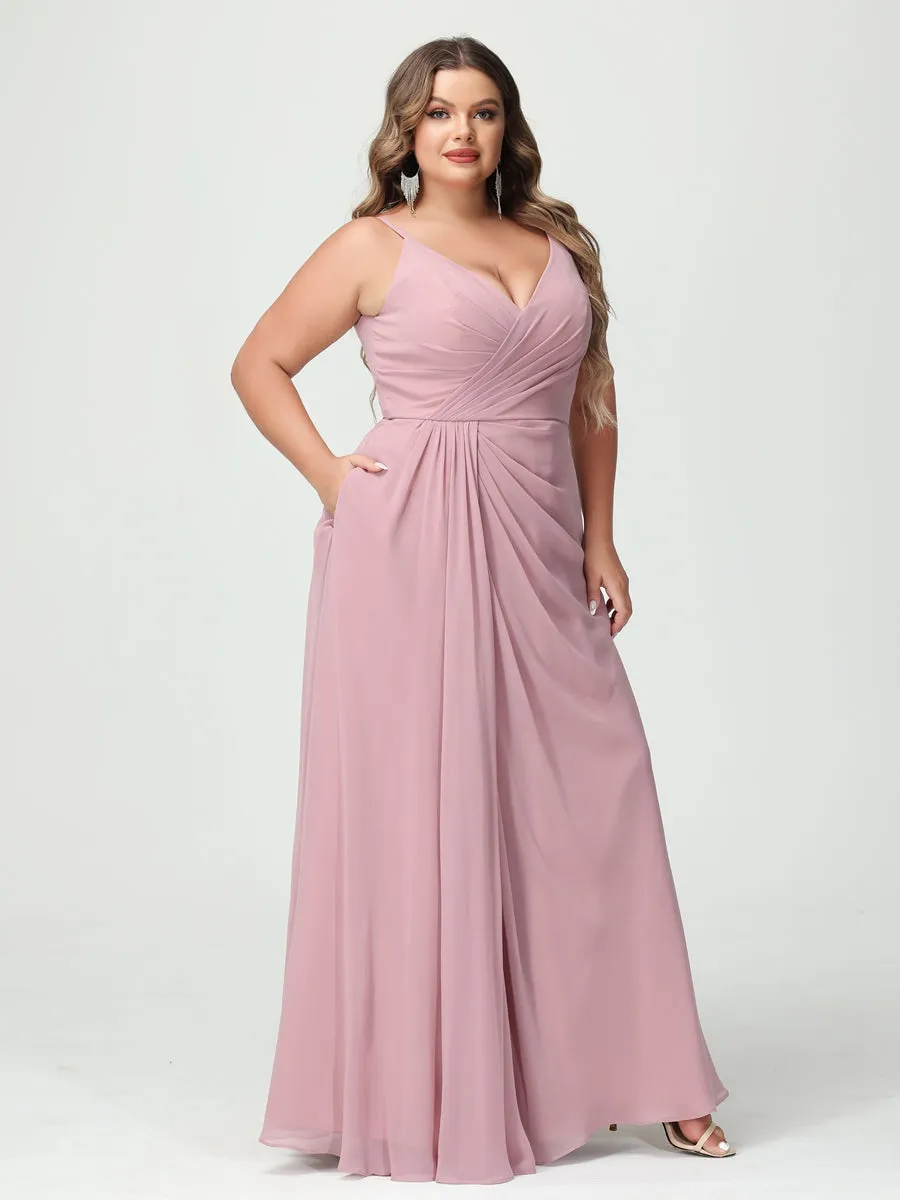A-Line/Princess Spaghetti Straps Sleeveless Chiffon Split Side Plus Size Bridesmaid Dresses with Pockets sold by Lavetir product image thumbnail 5