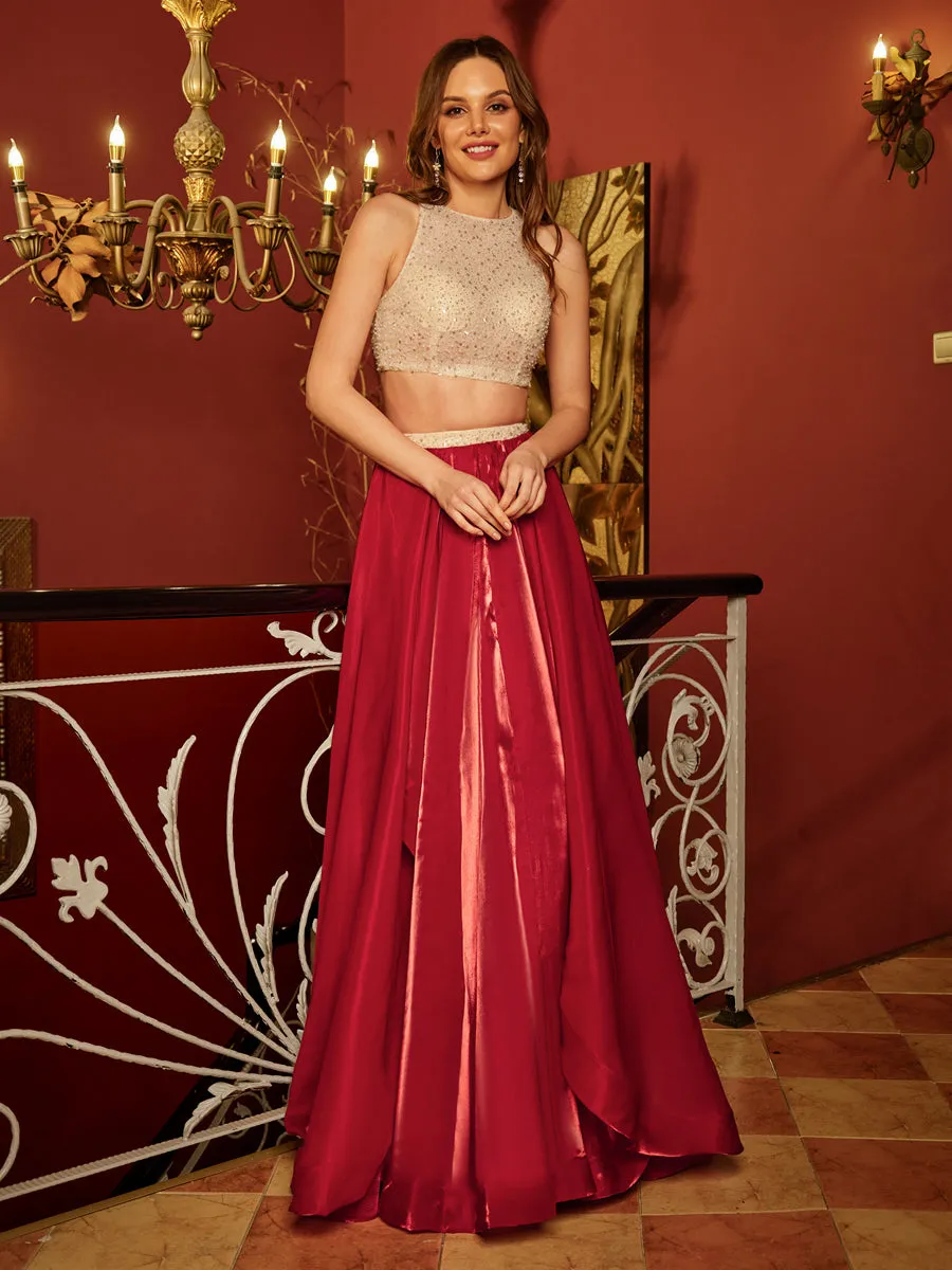 A-Line/Princess Scoop Sleeveless Sequins Two-Piece Long Prom Dresses sold by Lavetir product image thumbnail 4