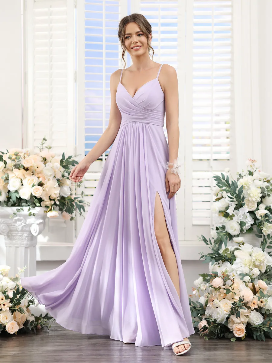 A-Line V-Neck Spaghetti Straps Sleeveless Split Side Floor-Length Chiffon Bridesmaid Dresses sold by Lavetir product image thumbnail 4
