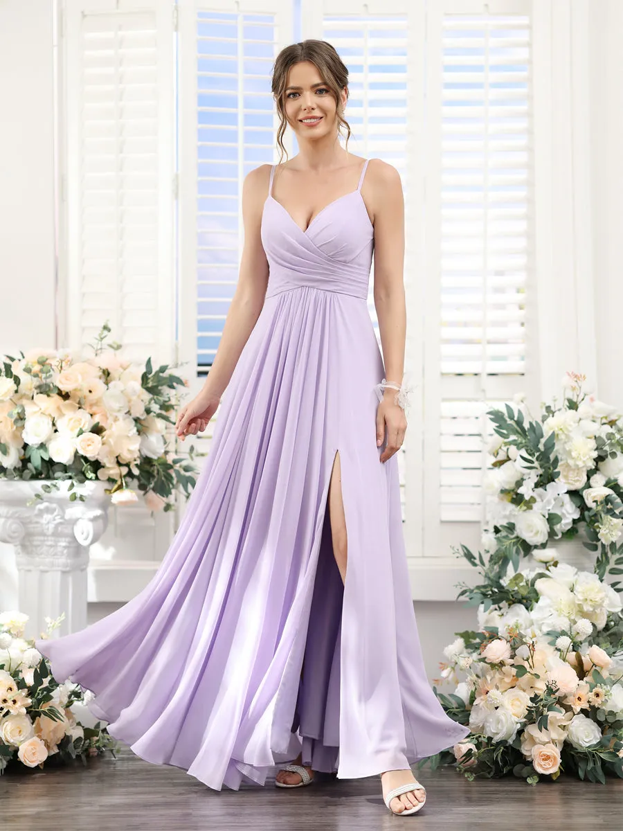 A-Line V-Neck Spaghetti Straps Sleeveless Split Side Floor-Length Chiffon Bridesmaid Dresses sold by Lavetir