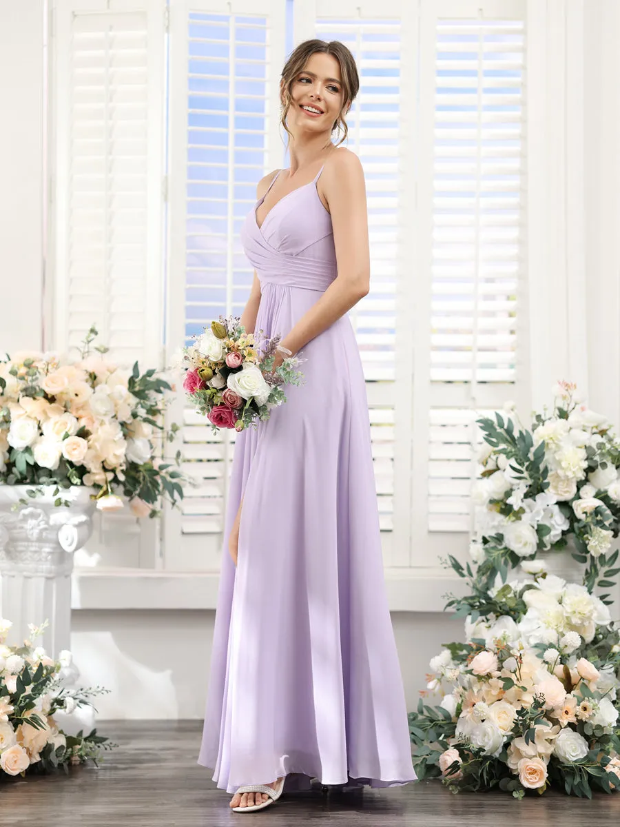 A-Line V-Neck Spaghetti Straps Sleeveless Split Side Floor-Length Chiffon Bridesmaid Dresses sold by Lavetir product image thumbnail 5