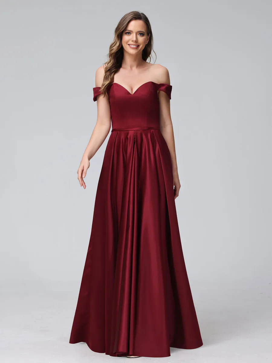 A-Line Off-the-Shoulder Sweetheart Satin Maxi Dresses with Pockets sold by Lavetir product image thumbnail 4