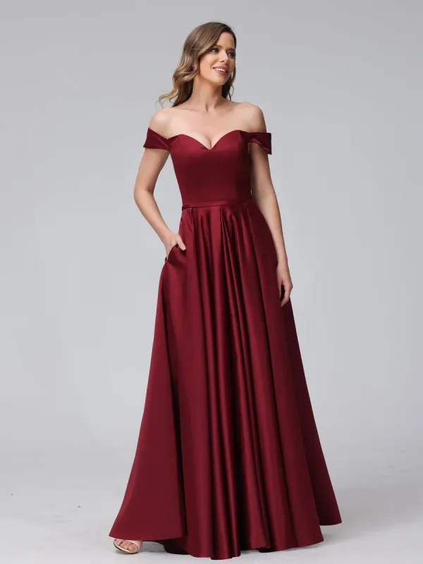 A-Line Off-the-Shoulder Sweetheart Satin Maxi Dresses with Pockets sold by Lavetir