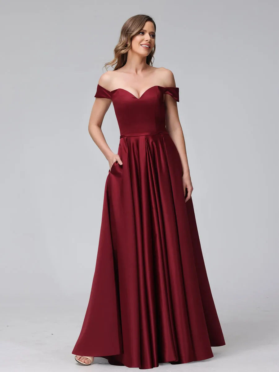 A-Line Off-the-Shoulder Sweetheart Satin Maxi Dresses with Pockets sold by Lavetir